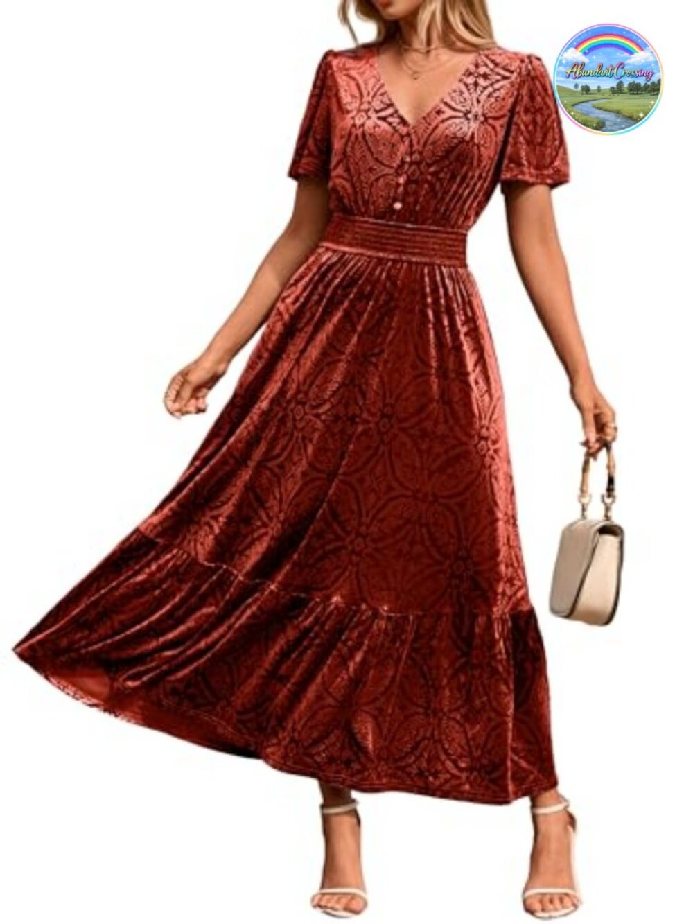 Velvet Floral Maxi Dress Short Sleeve V Neck Formal Wedding Guest